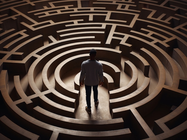 Person feeling anxiety induced by maze