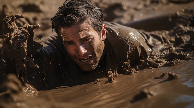 Бесплатное фото Человек испытывает беспокойство, вызванное плаванием в грязи