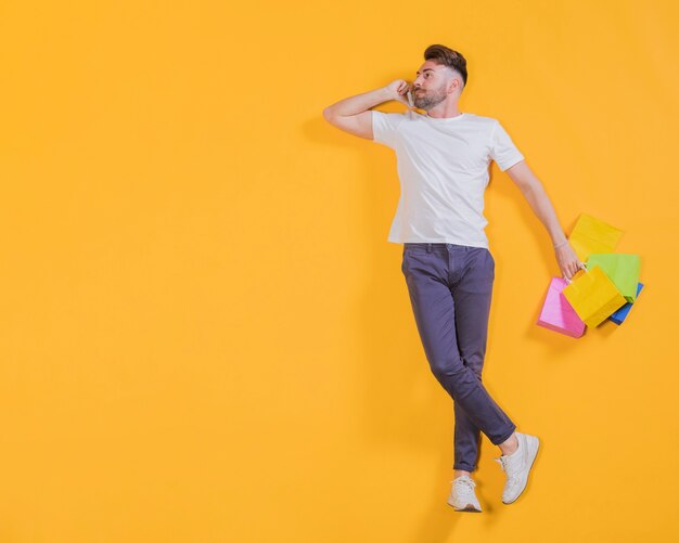 Person flying with shopping bags