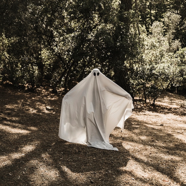 Person in ghost costume standing in forest with stretched arms