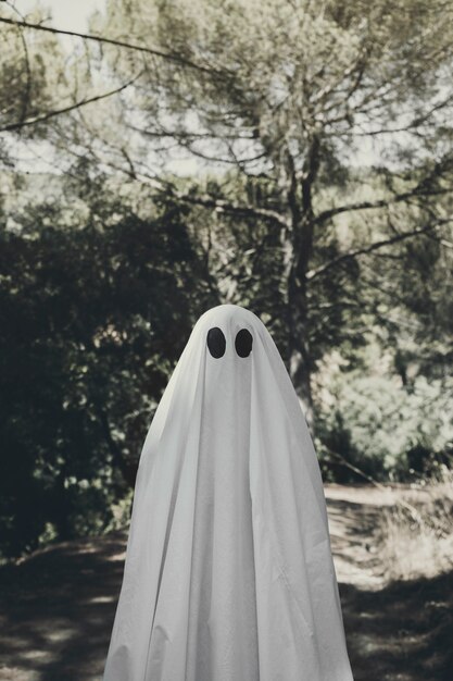 Person in ghost costume standing in grove