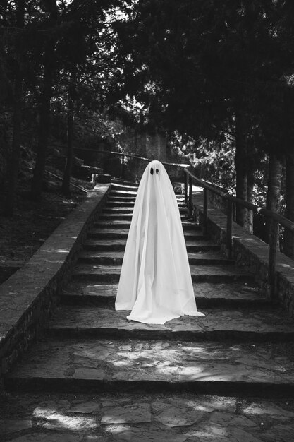 森の階段に立つ幽霊の衣装を着た人