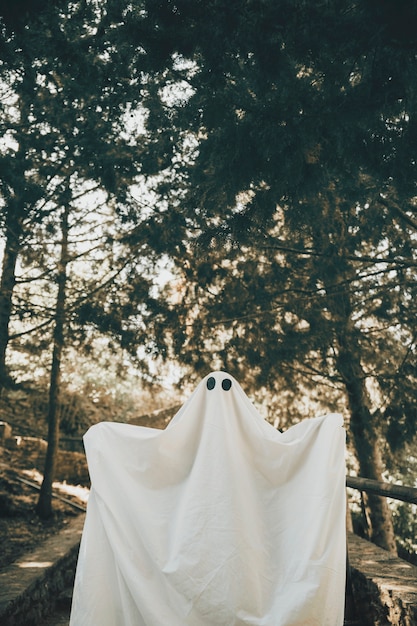 Persona in costume da fantasma in piedi nei boschi