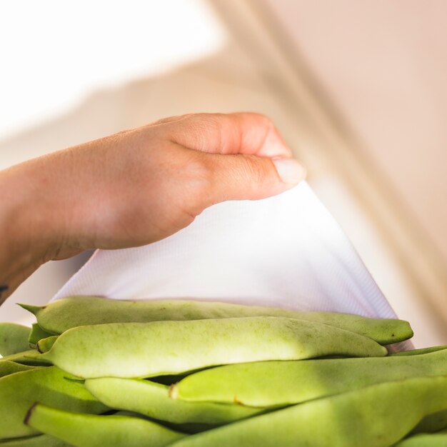 A person hand holding hyacinth beans in white napkin