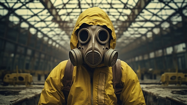 Person in hazmat and mask inside a nuclear power plant