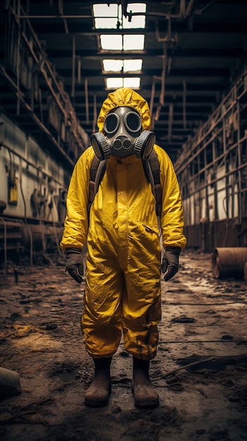 Free photo person in hazmat and mask inside a nuclear power plant