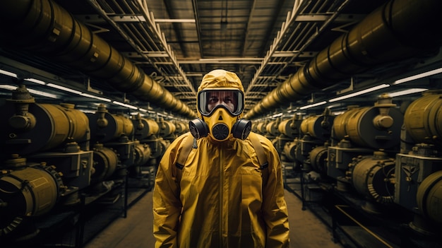 Free photo person in hazmat and mask inside a nuclear power plant