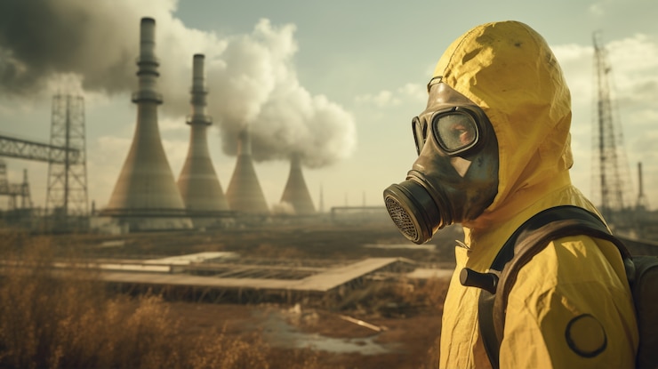 Free Photo person in hazmat and mask outside a nuclear power plant