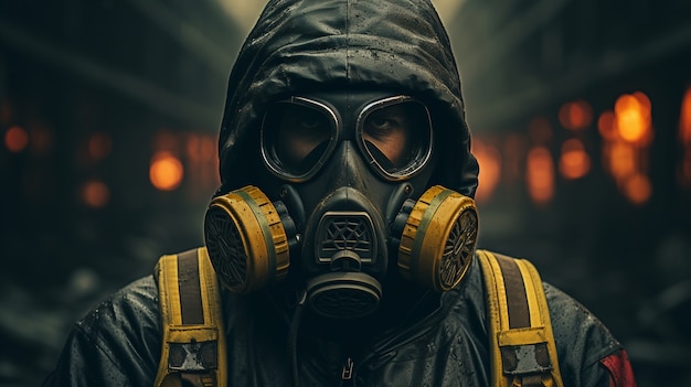 Person in hazmat suit and mask with apocalyptic background