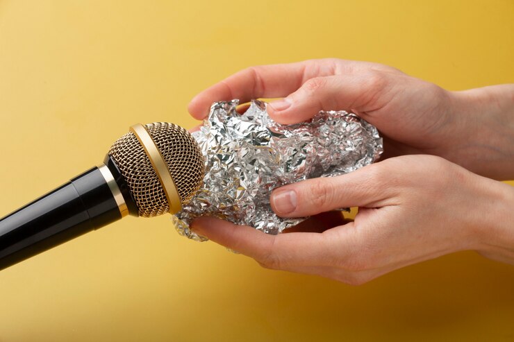 Free Photo person holding aluminium foil close to microphone for asmr