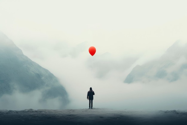 Foto gratuita persona in possesso di un palloncino in un paesaggio nebbioso