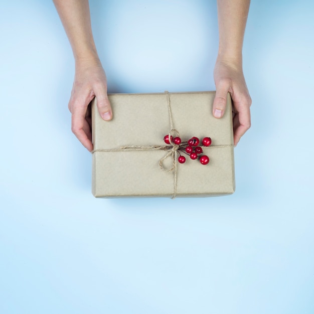 Free photo person holding big gift box with red berries