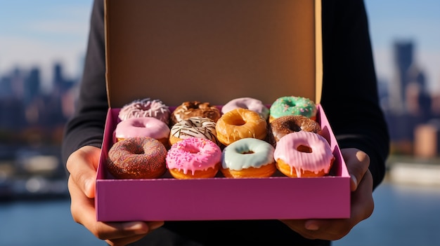 Free photo person holding box of tasty glazed donuts