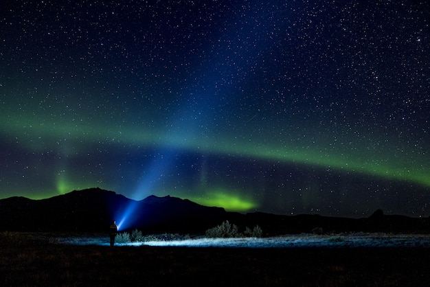 Person holding lighted flashlight in dark sky