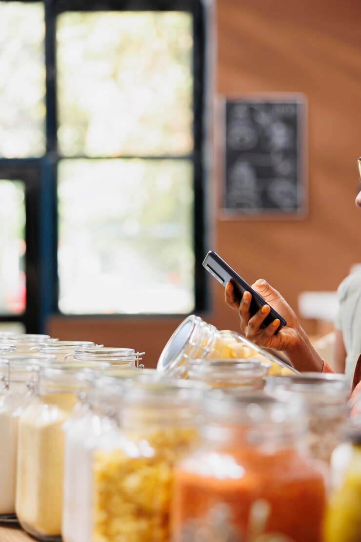 Free Photo person holding a phone and jar of pasta