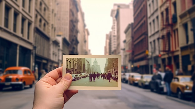 Person holding picture of old new york city