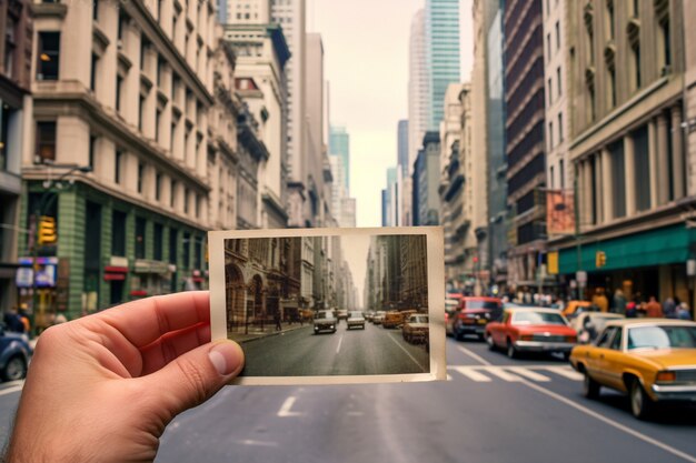 Person holding picture of old new york city