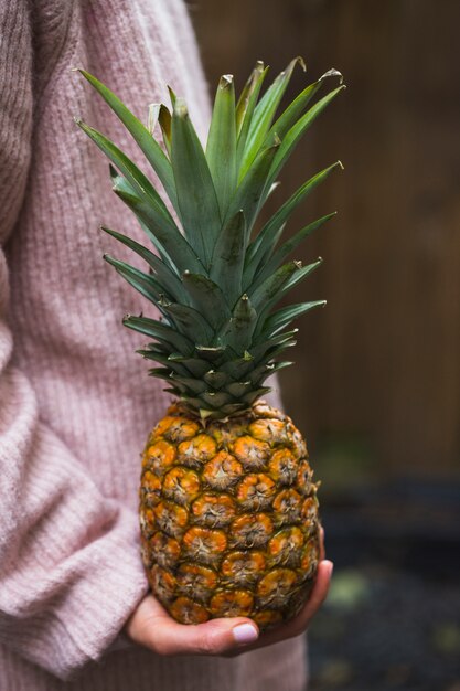 A person holding pineapple in hand