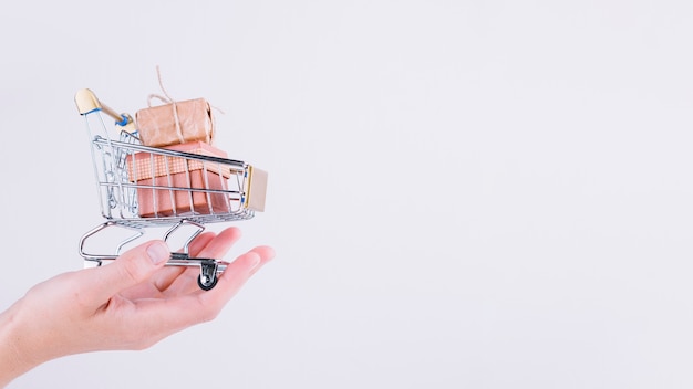 Person holding small grocery cart with gift boxes