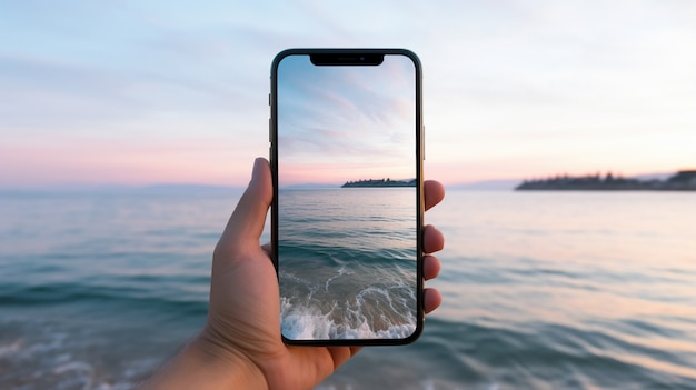 Persona con uno smartphone con vista sulla spiaggia in estate