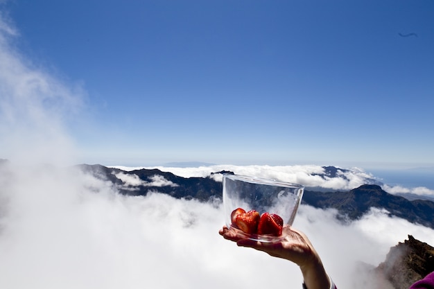 A person holding strawberries in a bowl on the mountains covered with clouds