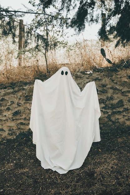 Бесплатное фото Человек в костюме призрак, стоя в лесу с поднятыми руками