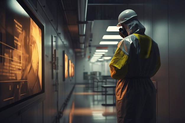 Бесплатное фото Человек в защитном костюме, работающий на атомной электростанции