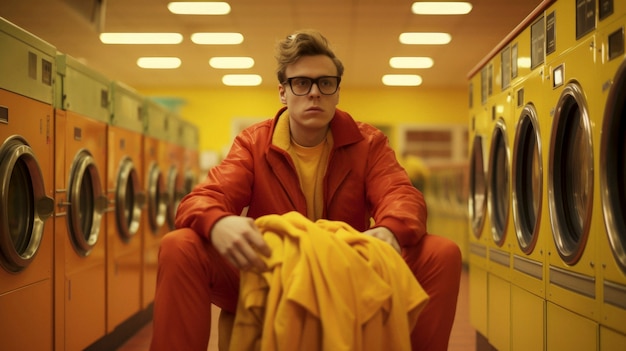 person inside a laundromat with washing machines