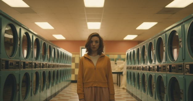 Person inside a laundromat with washing machines