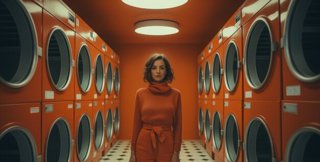 person inside a laundromat with washing machines