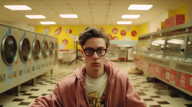 Person inside a laundromat with washing machines