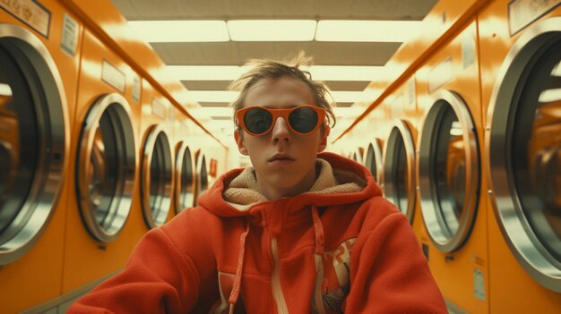 Person inside a laundromat with washing machines