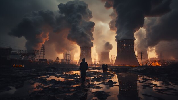 Person looking at power plant with steam coming out of reactors