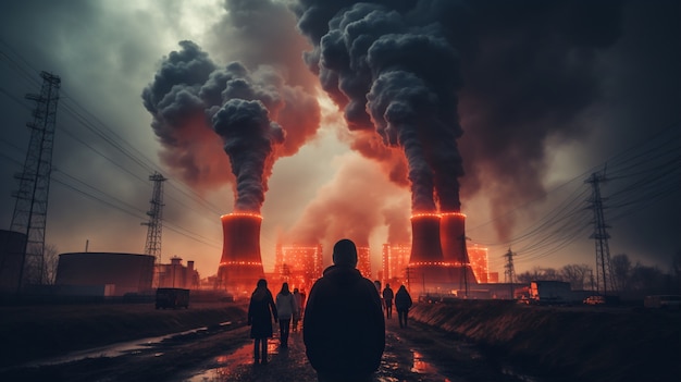 Person looking at power plant with steam coming out of reactors