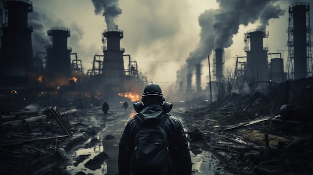 Person looking at power plant with steam coming out of reactors