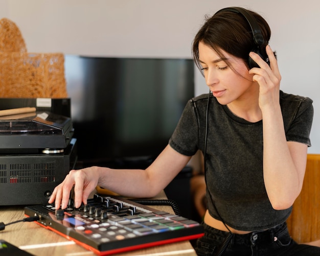 Free photo person making music indoors