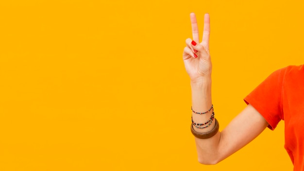 Free photo person making peace sign with copy space