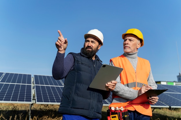 Foto gratuita persona vicino a un impianto di energia alternativa