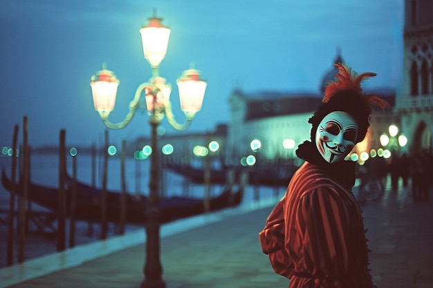 Человек, участвующий в венецианском карнавале в костюме с маской