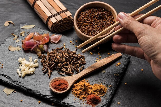 Person picking larvae with sticks close view