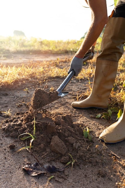 Person planting tree on the countryside