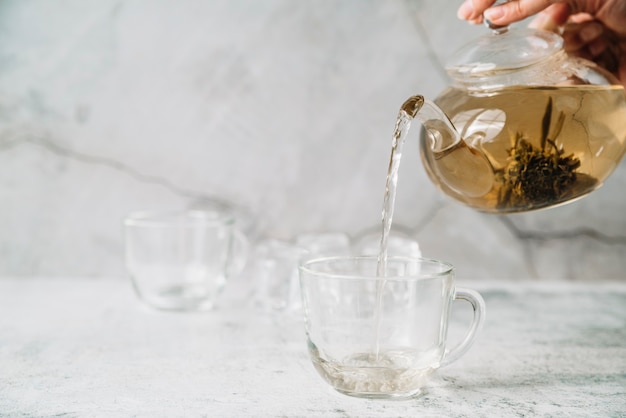 カップの正面にお茶を注ぐ人