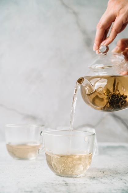 Person pouring tea in cups and marble background