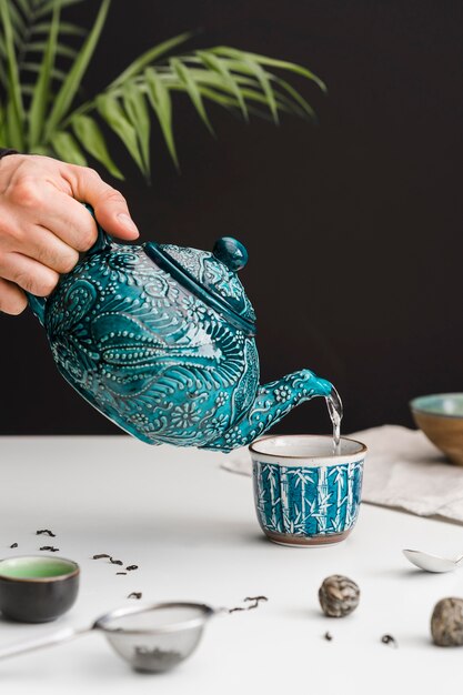 Person pouring tea in teacup