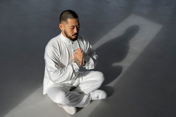Free Photo person practicing tai chi indoors