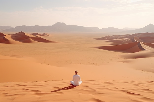 사막에서 요가 명상을 연습하는 사람