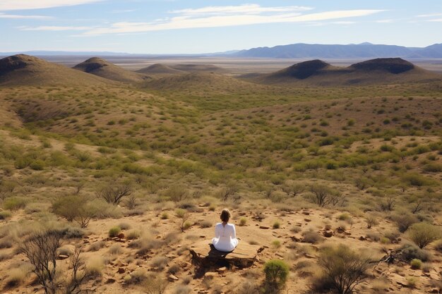 Person practicing yoga meditation in the desert