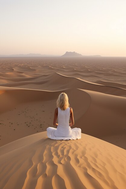 Person practicing yoga meditation in the desert