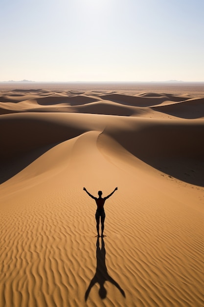 Person practicing yoga meditation in the desert