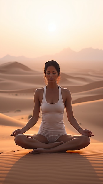 Person practicing yoga meditation in the desert